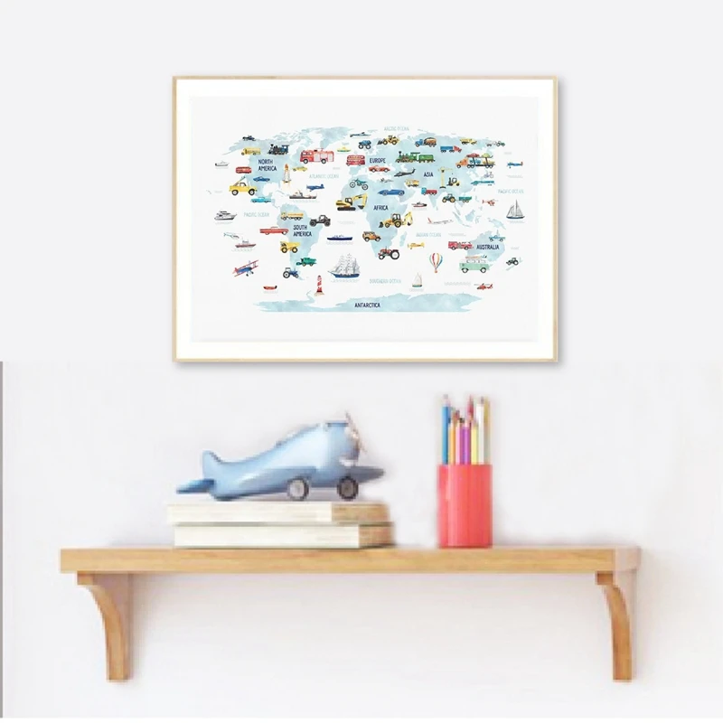 

World Map Posters and Prints Wall Art Transportation Decorative Educational Poster Vehicle Boy Canvas Painting Classroom Decor