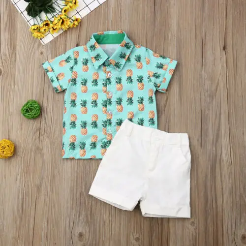 

2019 Brand Baby Boy Kid Gentleman Pineapple Shirt+Shorts Pants Wedding Party Summer Set Summer Casaul Boy Clothing Holiday Beach