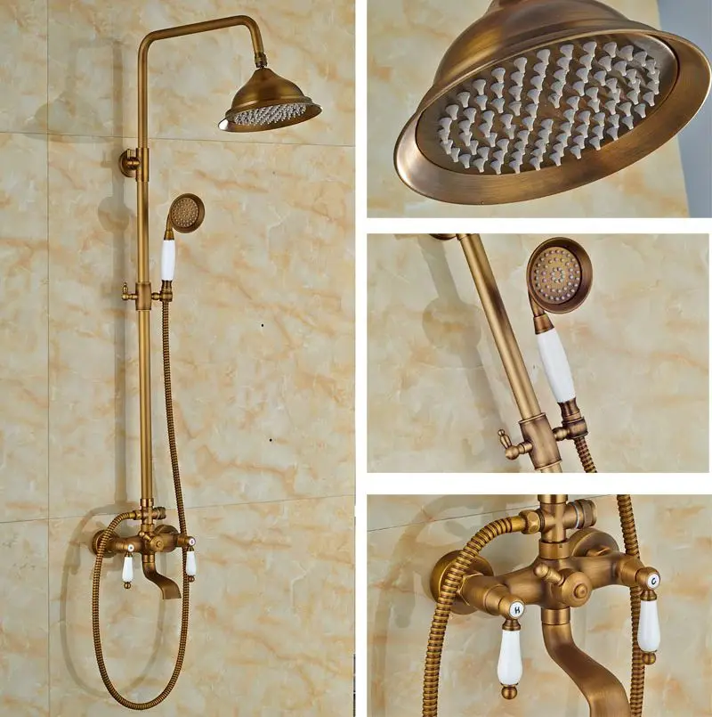Wall Mount Bathtub Rainfall Shower Faucet Set Brass Antique Shower Units Double Levers Mixer Tap