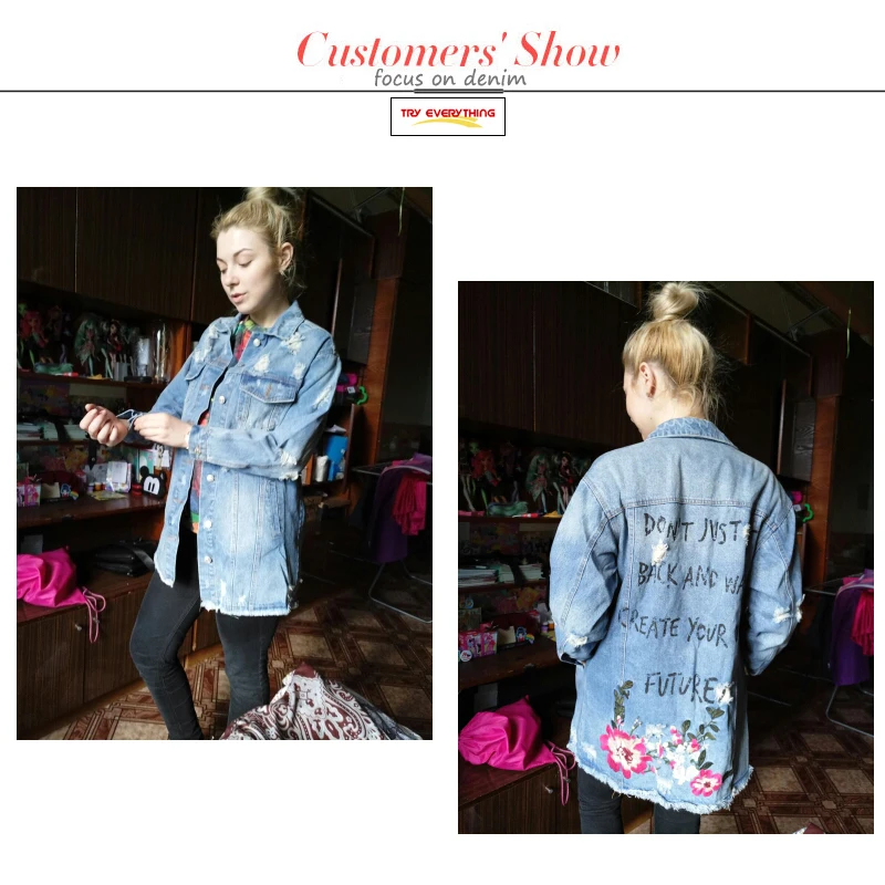 Finest Embroidery Womens Jackets And Coats 2019 Autumn Ripped Oversized Long Denim Jacket Women Plus Size
