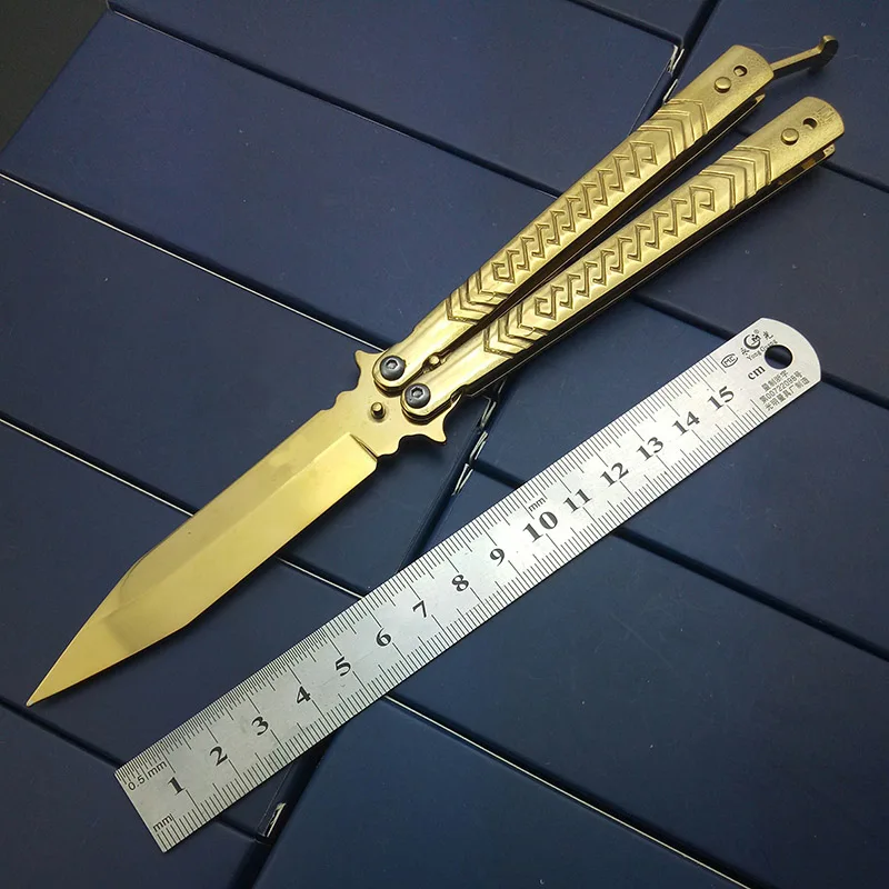 

Folding Knife Blade Pocket knives Bali song Butterfly in Knife NO Edge Unsharpened Rainbow Gold Titanium Training Knife FOR MAN