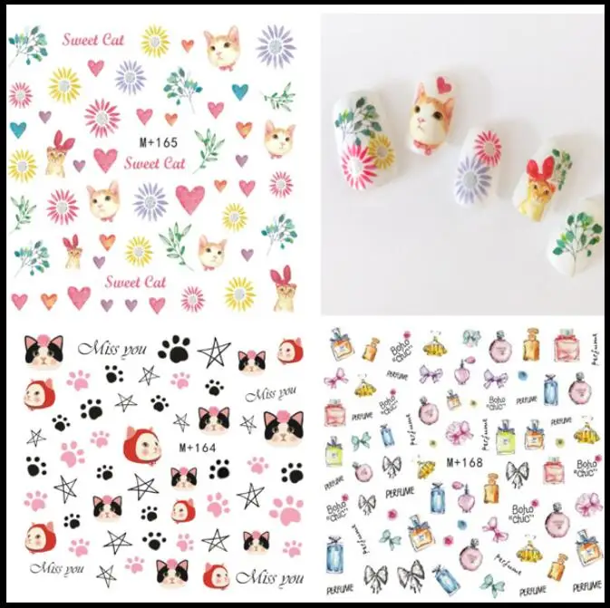 

1pc New super cute cat nail stickers lovely cartoon animal flowers watermark nails paste cut nail tools jewelry