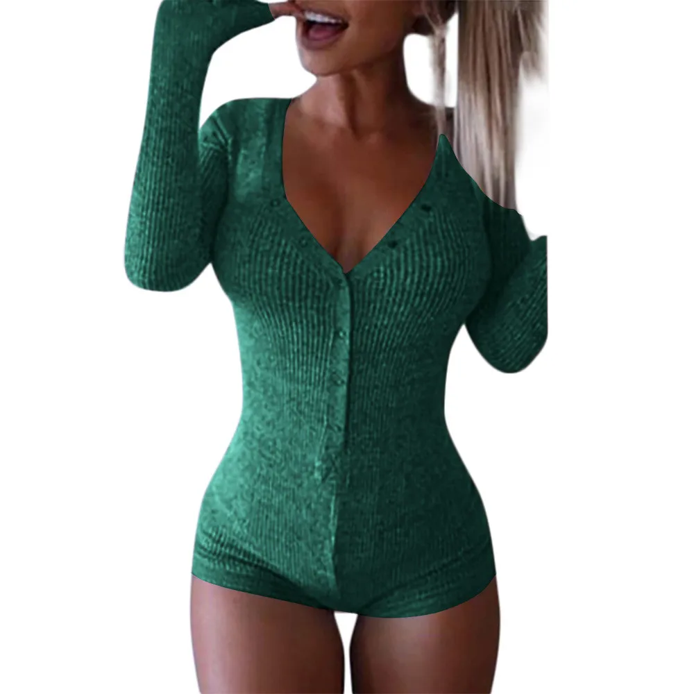 Сексуальный женский комбинезон с v-образным вырезом, комбинезон стретч с длинным рукавом, шорты, штаны, комбинезон для женщин - Цвет: Green