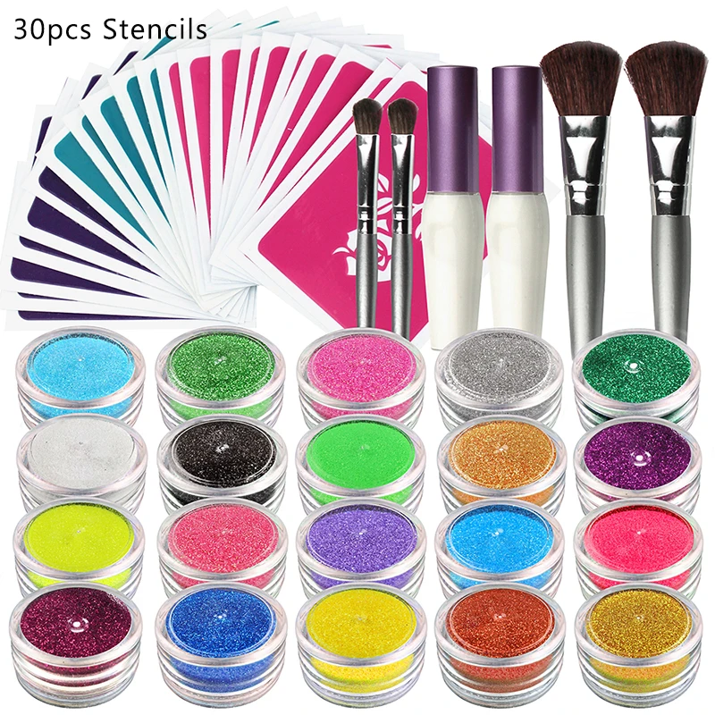 

OPHIR 20 Color Glitter Powder with 30 Stencils 2 Glitter Glue & 4 Brushes for Temporary Glitter Tattoo Nail Art Body Paint_TA115