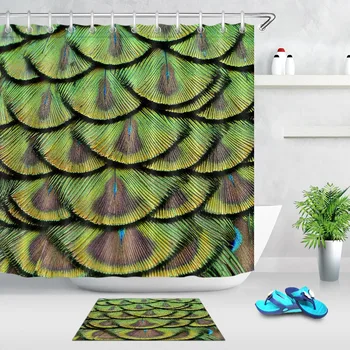 

LB Peacock Feather of Bird Extra Long Waterproof Shower Curtain Liner with Mat Set Bathroom Polyester Fabric For Bathtub Decor