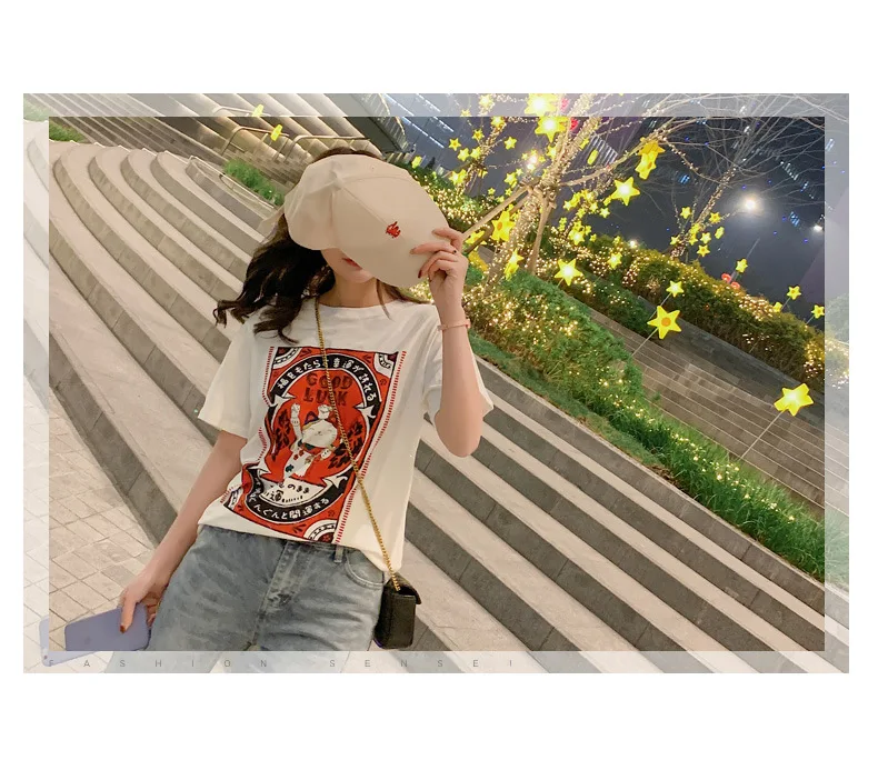 2019 Японский кот приносящий удачу футболки с принтом уличная Женская Harajuku Lucky Cat повседневные женские футболки с коротким рукавом футболки
