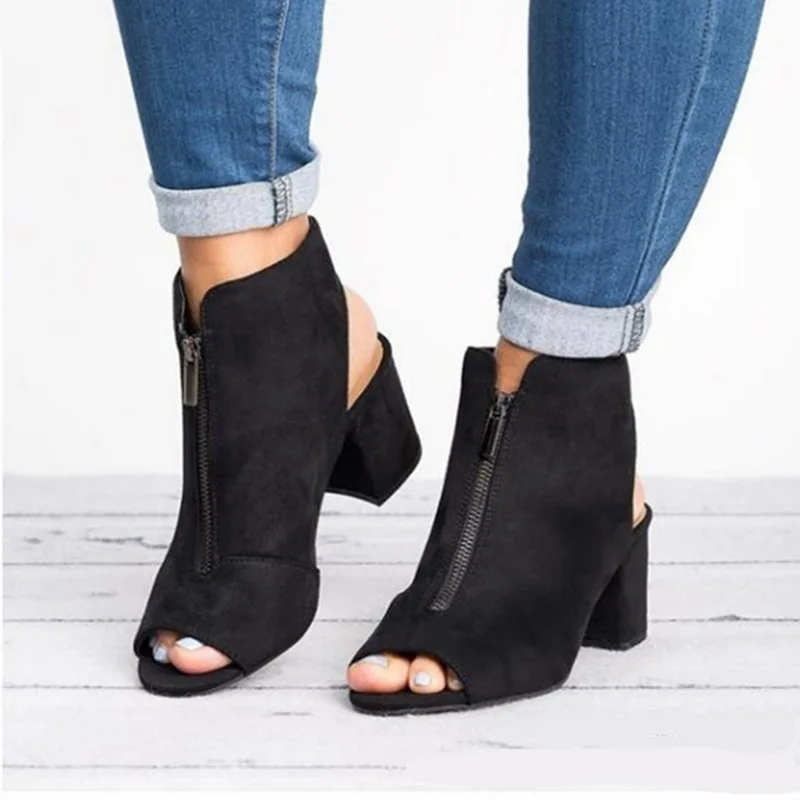 

PUIMENTIUA Fashion Ankle Boots Faux Suede Leather Casual Open Peep Toe High Heels Zipper Square Rubber Black Women Shoes 36-42