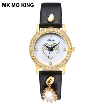 

Classic heart-shaped diamond ladies watch luxury pendant leather quartz clock women's Gold Wrist bracelet relogio feminino