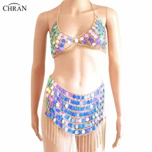 Chran Sequin Bra Skirt Body Chain Set Sexy Mesh Chain Beach Jewelry Tassels Festival Costume Rave Outfit chran gem bead crop top chainmail rave bra black chain shoulder necklace ibiza sonar wear edm outfit body jewelry chain crn2801