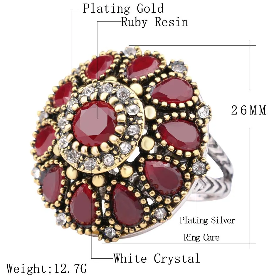 Kinel Hot 2020 Flower Crystal Wedding Rings For Women Vintage Look Round Color Gold Mosaic Red Resin Turkey Jewelry