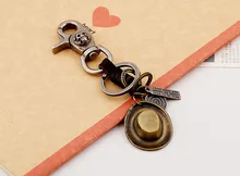 Wholesale individualized jewelry Genuine leather Keychain Vintage hat classic Keyring fashion street jewelry handmade stuff
