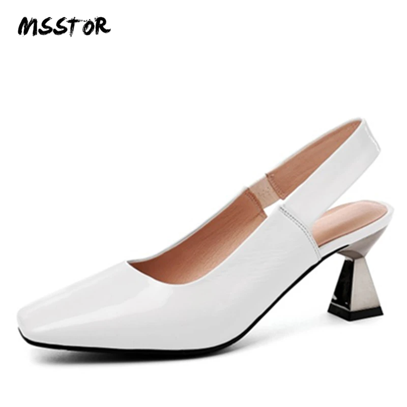 

MSSTOR Strange Style Summer Sandals 2019 Square Toe Concise Fashion Shallow Pumps Shoes Women Cow Leather High Heels Shoes Women