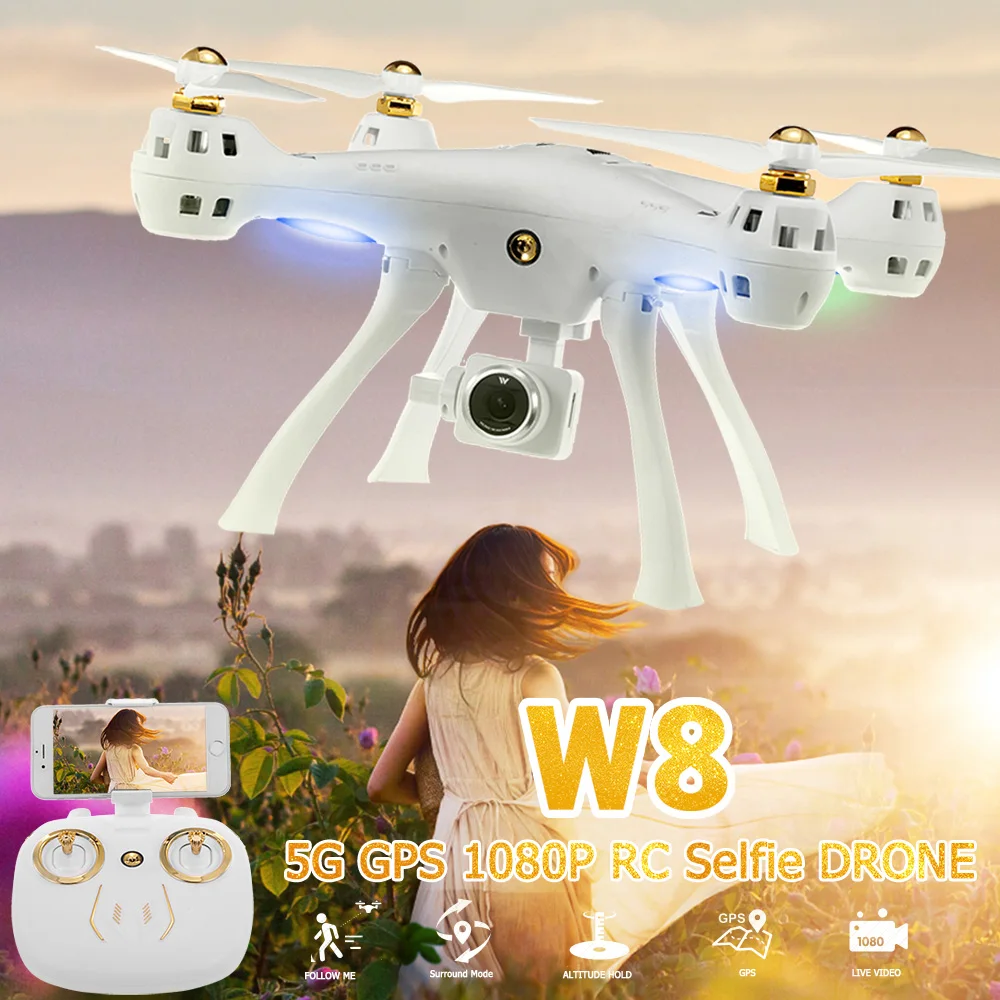 

W8 GPS RC Drone with Camera 1080P 5G Wifi FPV Wide-angle Follow Me Surround Mode Selfie RC Quadcopter Toys for Adults Beginners