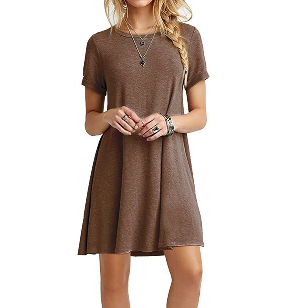 Women One-pieces Dress Solid Color Short Sleeves Oversize Casual Dress for Summer FDC99 - Color: Brown