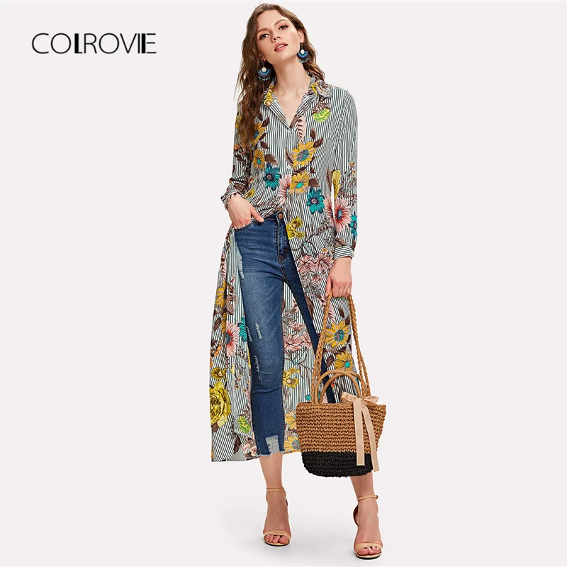 

COLROVIE Multicolor Plus Size V Neck Vertical Striped Floral Long Blouse Shirt 2018 Autumn New Stand Collar Feminine Blouse Tops