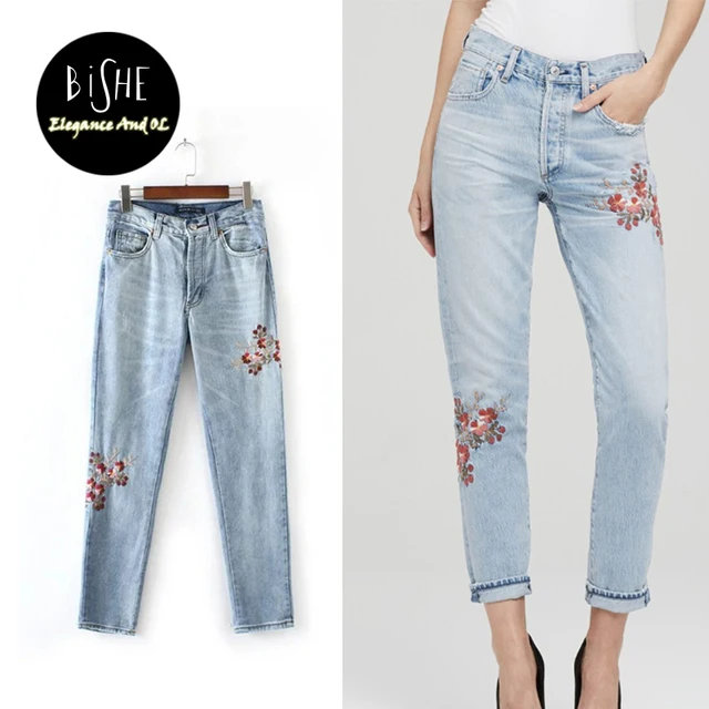 The New Spring And Summer 2017 Europe Flowers Embroidered Jeans Lady 