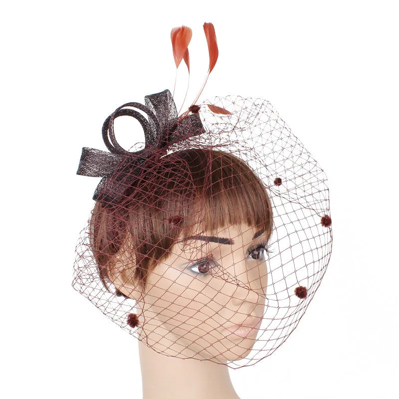 JaneVini Винтаж золотые свадебные Шапки и Fascinators женские свадебные вечерние шляпа Перья для волос Pin чистая клетка покрывал Afrikaanse Hoed - Цвет: Коричневый