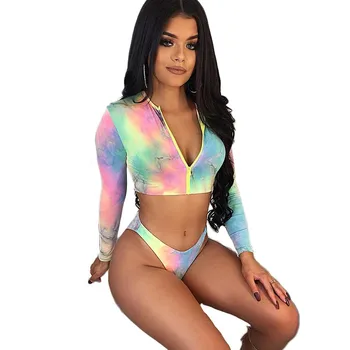 

2019 Summer Beach Two Piece Sets Women Long Sleeve Zipper Crop Tops and Shorts Set Club Wear Bikini 2 Piece Matching Set Outfits