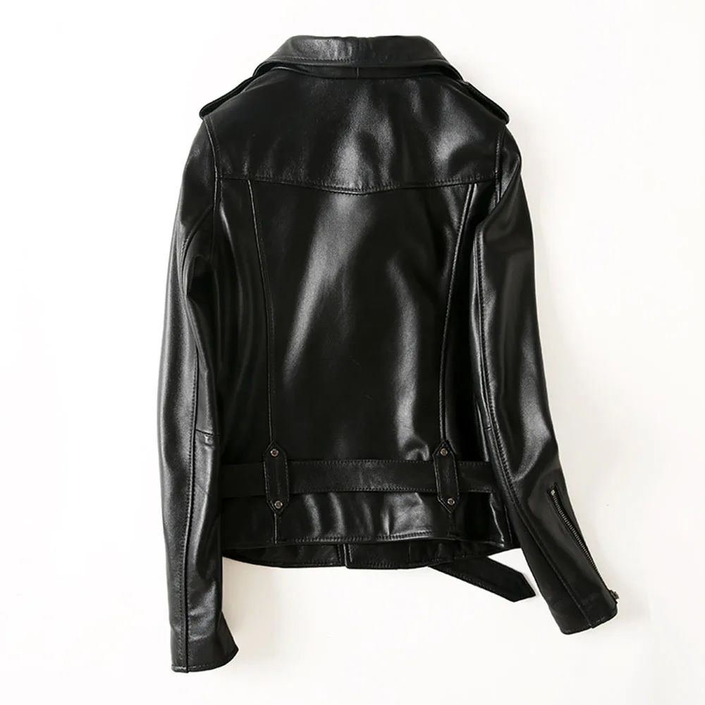 Новинка весны, Корейская мотоциклетная кожаная куртка для женщин, настоящая овчина, черное пальто, тонкая натуральная кожа, куртки с длинным рукавом