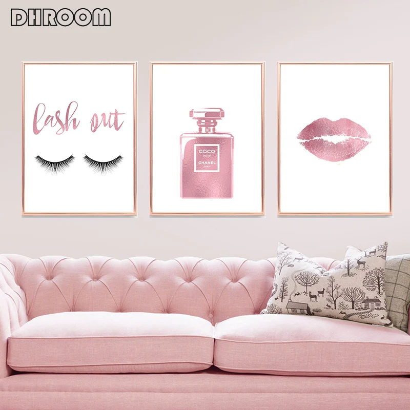 DHROOM Rose Gold Decor Makeup Wall Art Lashes Canvas Painting Fashion Posters Print Wall