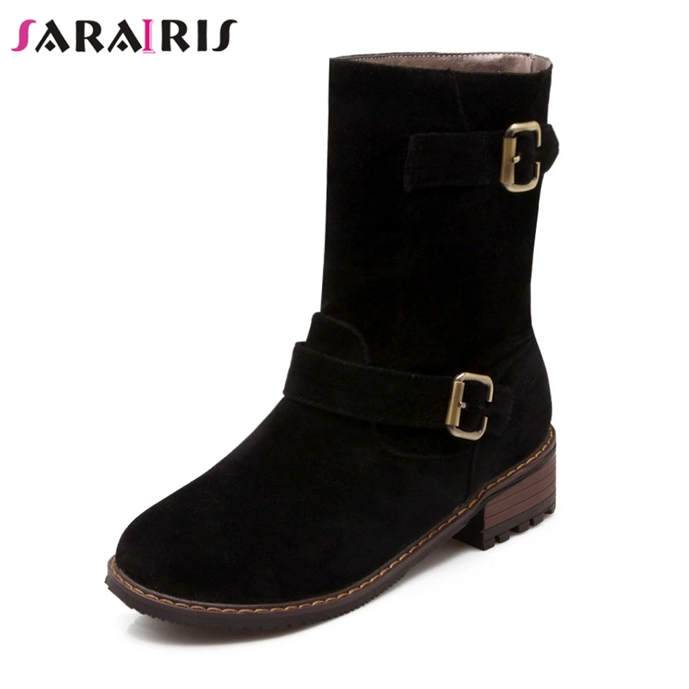 

SARAIRIS New Plus Size 30-47 Solid Wide Med Heels 4cm Belt Buckle Round Toe Shoes Woman Casual women's Winter Mid Calf Boots