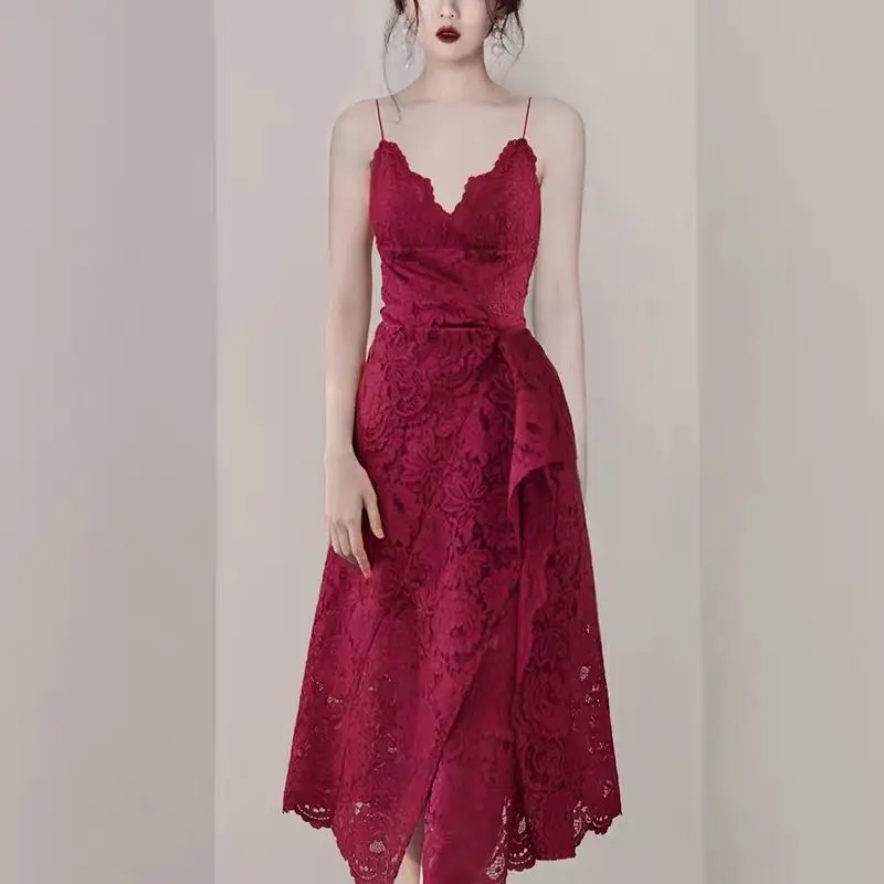 SHTONGHUA Для женщин Спагетти ремень кружевные вечерние платья летние дизайнерские цвет красного вина ажурное кружевное длинное платье, сексапильные бретельки, v-образный вырез на шее, платье