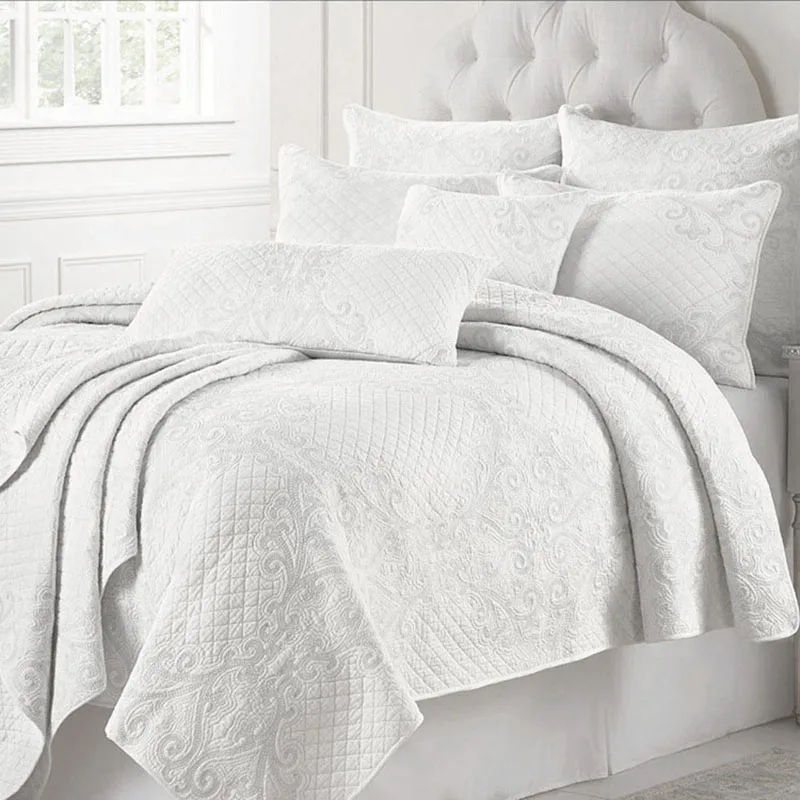 

CHAUSUB France White Quilt Set 3PCS Washed Cotton Quilts Bed Cover Sheets Embroidered Bedspread Pillow Shams Coverlet King Size