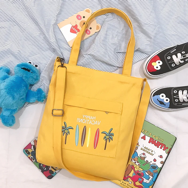 

2019 Summer New Fashion Women Cartoon Tote Bags Canvas Bags Handbags Female Casual Basic Zipper Shoulder Bags Messenger Bags