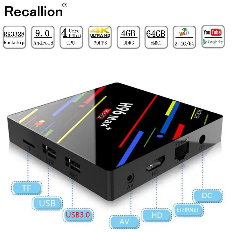 

H96 MAX Plus Smart TV Box Android 9.0 TVBox 4GB Ram 32GB/64GB Rom Rockchip RK3328 4K H.265 USB3.0 2.4Ghz WiFi IP TV Set Top Box