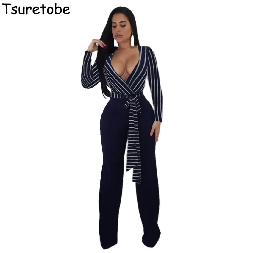 

Tsuretobe Loose Casual Wide Leg Jumpsuit Women Striped Bandage Elegant Jumpsuit Summer V Neck Long Sleeve Sexy Jumpsuit Female