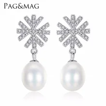 PAG & MAG Marca 100% 925 Sterling Silver Romântico Presente Do Floco De Neve Brincos de Pérolas Acessórios de Jóias de Casamento Para As Meninas
