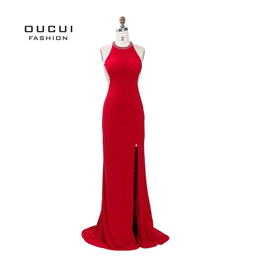 

Red Mermaid Halter Tulle with Beads Formal Evening Gown Sexy Fashion High Slip Prom Dresses Court Train Robe De Soire OL103478