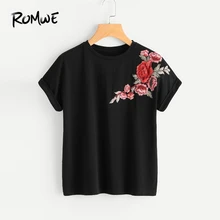 ROMWE цветок патч с манжетами рукавом футболка осень женский черный вырез лодочкой аппликации топ женщина короткий рукав цветочный футболка