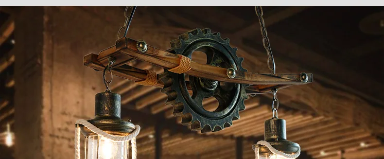 Rustic Pendant Lamp Round Wood Design Gear Retro Hemp Rope Hanging light11