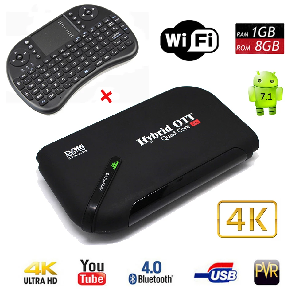 Android 7 1 Гб + 8 DVB T2 4 ядра OTT BT4.0 H.265/MPEG ТВ тюнер Поддержка Netflix youtube Google к Smart Декодер