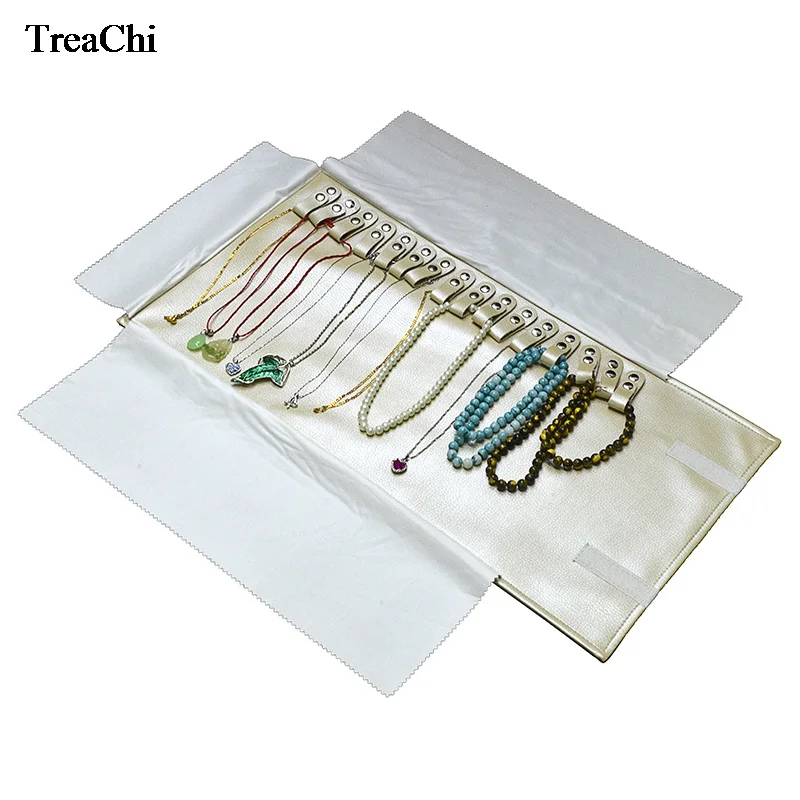 New Foldable Beige Necklace Roll Bag 16Pcs Bead Chain Pendant Organizer