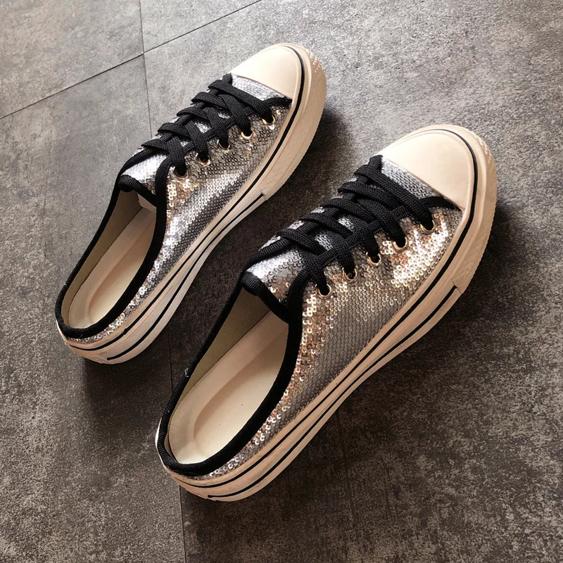 

SAILING LU Blingbling Lace-Up Creepers Women Round Toe Shoes Summer 2019 Comfort Slip on Loafers Sequined Casual Flats XWF713
