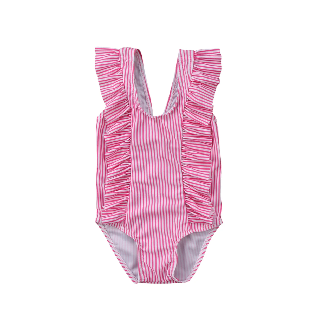 Детский купальный костюм для девочек Купальник-бикини, полосатый купальный костюм с оборками пляжный костюм для новорожденных - Цвет: Розовый