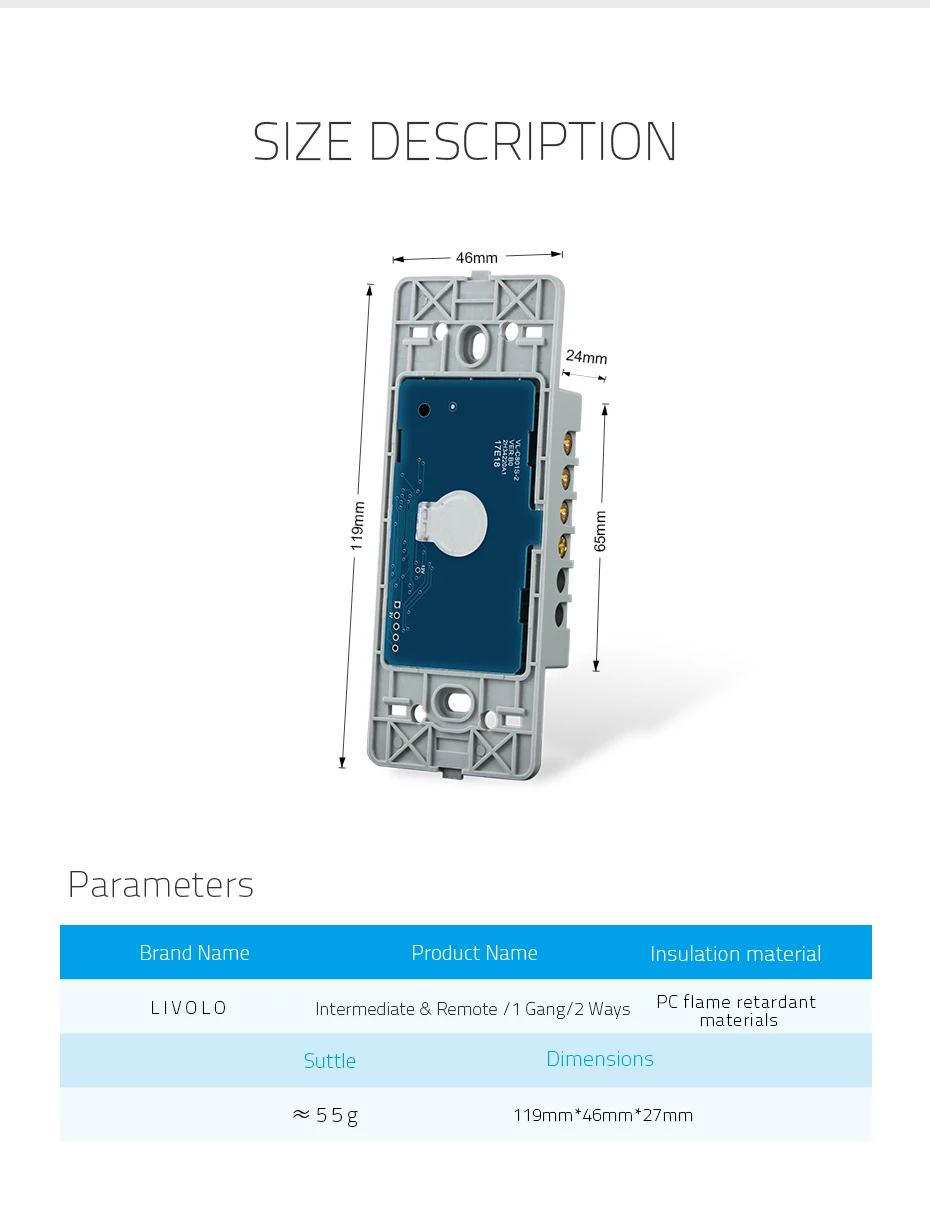 Livolo US стандартная база сенсорного экрана настенный выключатель света дистанционный переключатель, 1 банда 2 пути, AC 110~ 250 В, без стеклянной панели, VL-C501SR