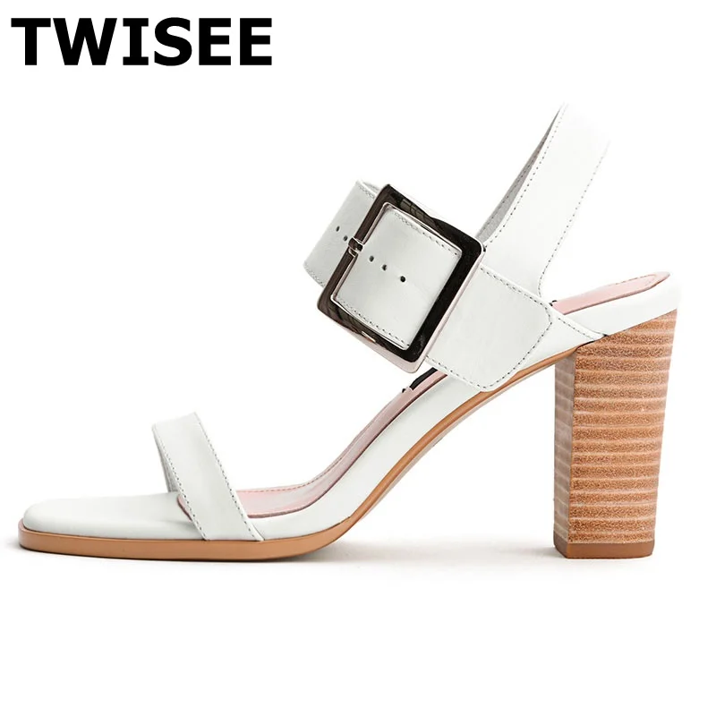 

TWISEE sapatos de salto alto woman casual shoes Sandals hot selling fashion round toe square heels 8 cm solid white black