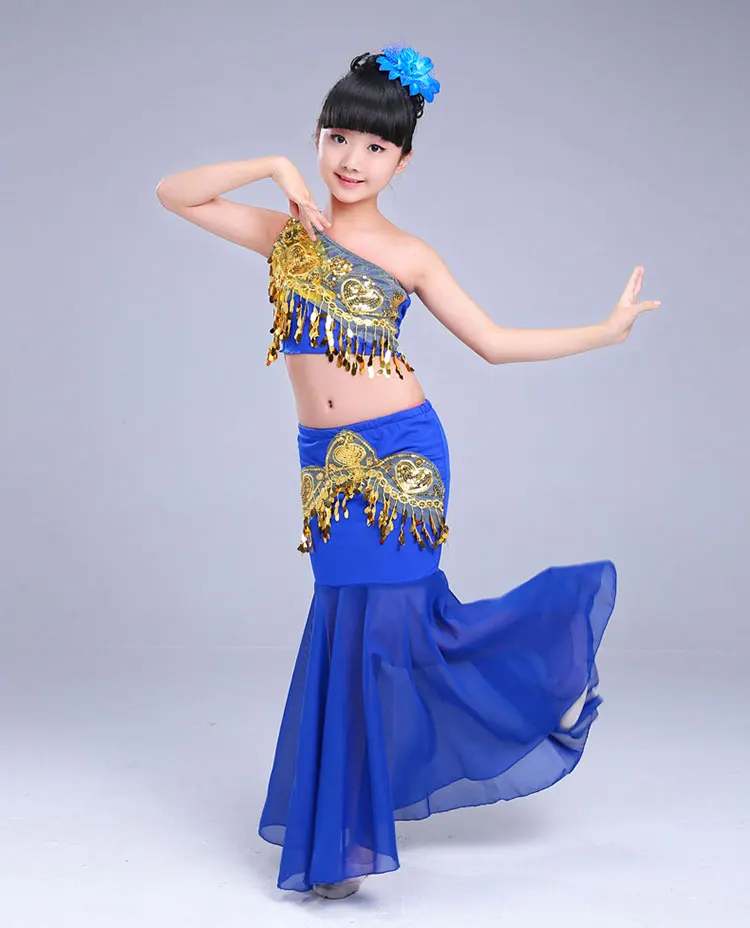 Children Indian Traditional Dress Sequins Belly Dance Costume For Girls Peacock Kids Dai Fish Tail Leotard Girl Dancewear
