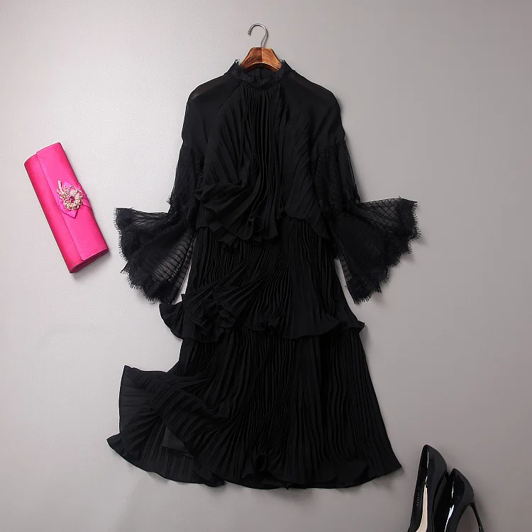 Женское Плиссированное шифоновое платье в стиле пэчворк с оборками, Модное Новое платье с расклешенными рукавами