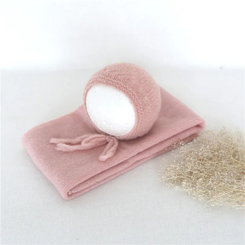 

Vintage Baby Pink Stretch Wrap Bonnet Set Knit Angora Wrap and Hat Set For Photography Props Crochet Lace Baby Bonnet Photo