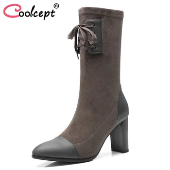 

CoolCept Women High Heel Boots Winter Ladies Shoes Genuine Leather Zipper Pointed Toe Mid Calf Boots Woman Footwear Size 33-40