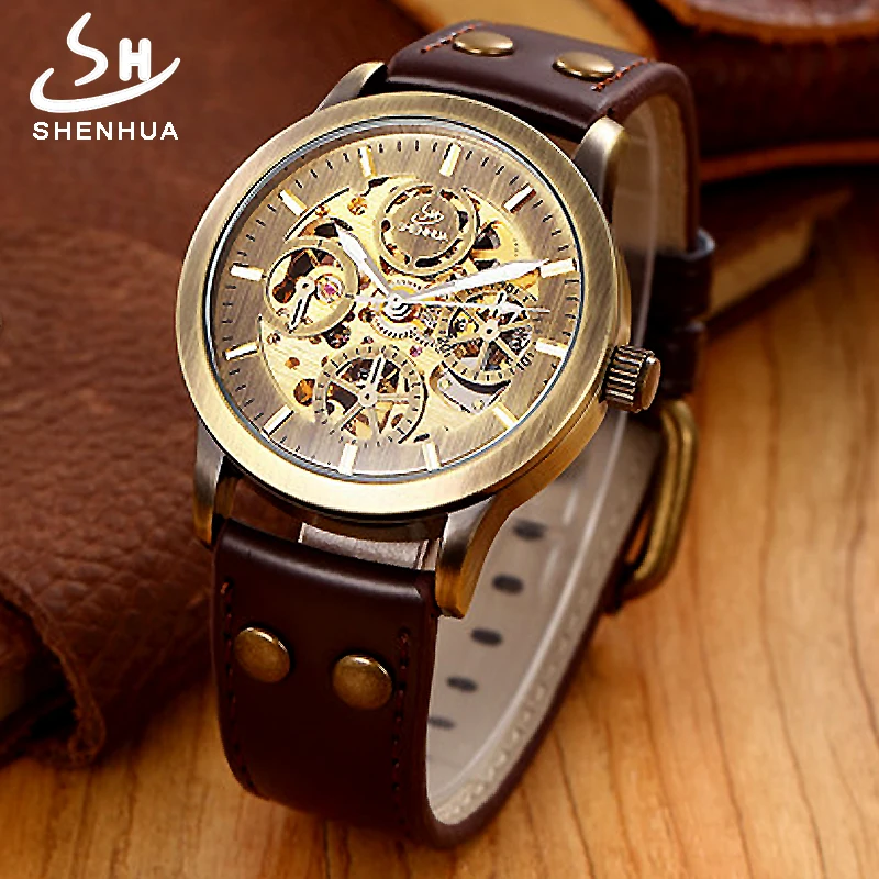 SHENHUA-2018-horloges-mannen-Automatic-Watch-Men-Mechanical-Wrist-Watches-Vintage-Bronze-Transparent-Leather-Wristwatch-Clock