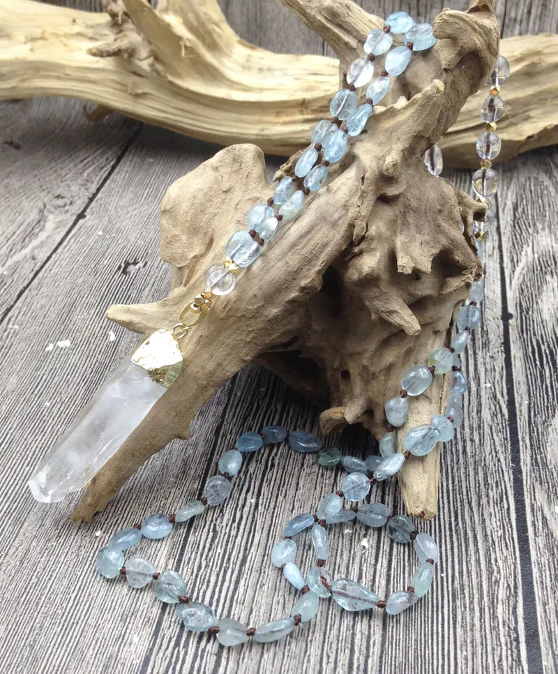 YA2975 кулон из природного кварца Aquamarines каменные самородки Beads Knot ручной работы