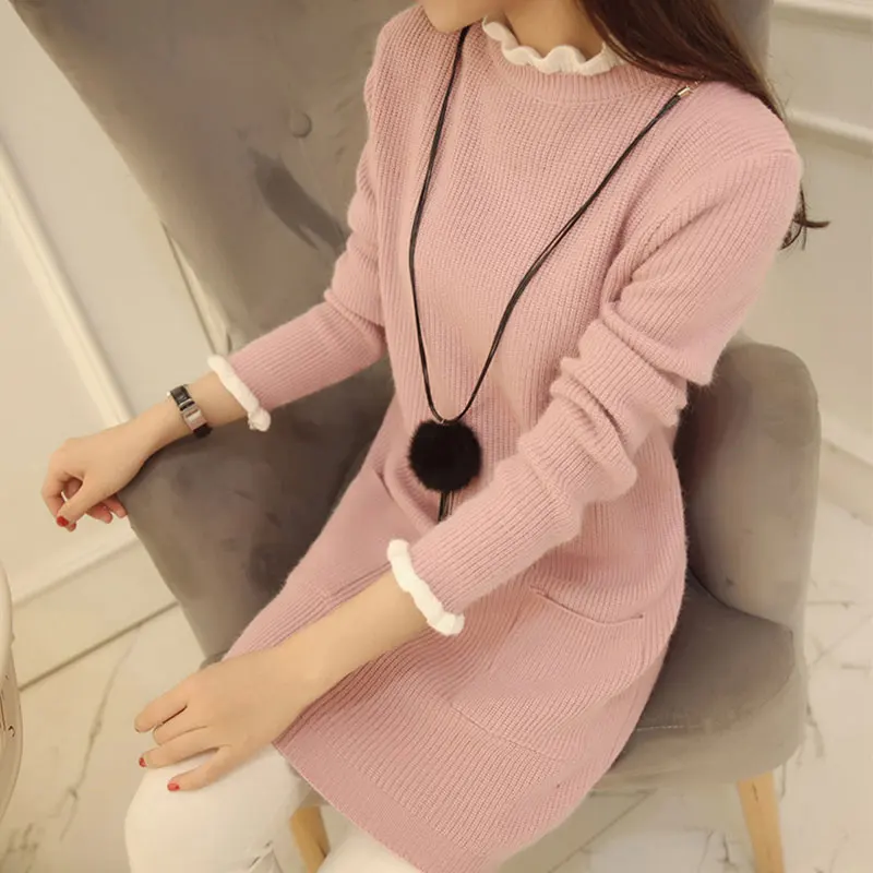 New Women's Sweater Autumn 2016 Winter Fashion Half turtleneck Wave-selvedge Solid Loose Pullover Knitted Sweater Dress Female