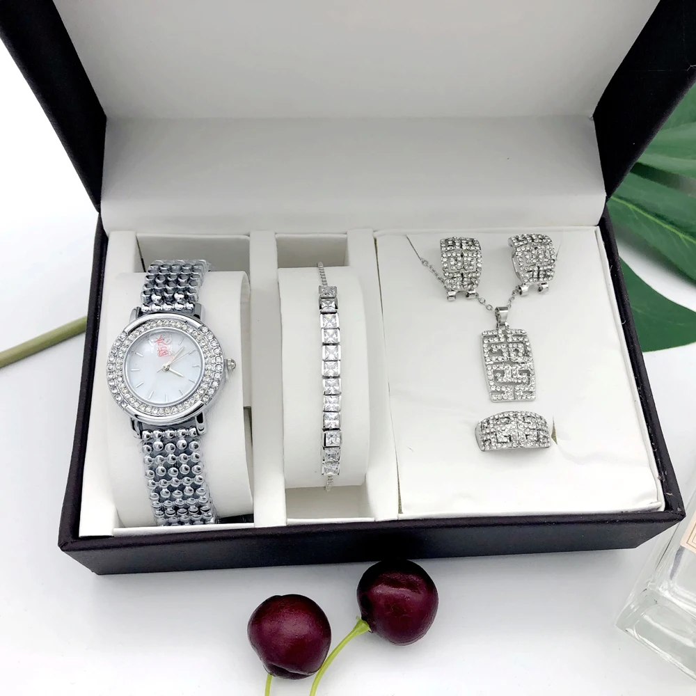 

New Rose Gold Wristwatch Women 5pcs Fashion Zircon Bracelets Necklace Ring Earrings With Big Watch Box Set For Girlfriend Gift