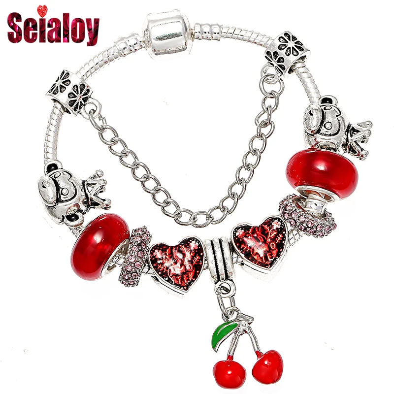 Seialoy cartoon cherry love charm bracelets & bangles watch chain for women girls girlfriends Pandora jewelry fashion bracelet