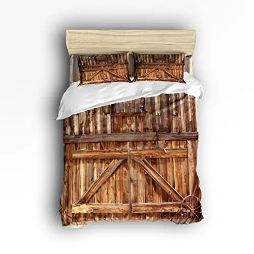 4 Piece Bed Sheets Set, Antique Theme Rustic Country Barn Wood Door Design, 1 Flat Sheet 1 Duvet Cover and 2 Pillow Cases 4 Piece Bed Sheets Set, Antique Theme Rustic Country Barn Wood Door Design, 1 Flat Sheet 1 Duvet Cover and 2 Pillow Cases